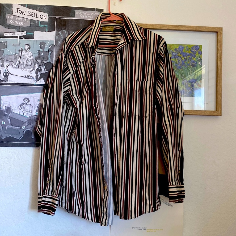 Large Long-Sleeved Striped Red, While, and Black Button Down